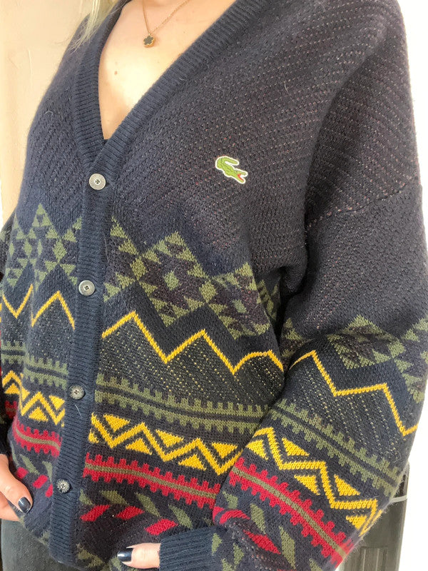 Cardigan vintage Lacoste en laine motifs jacquard