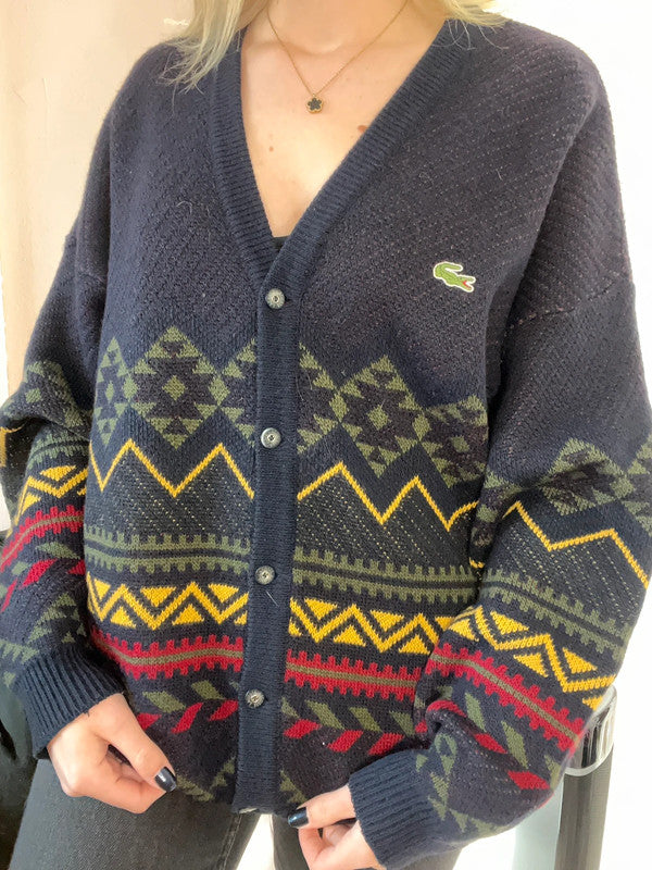 Cardigan vintage Lacoste en laine motifs jacquard
