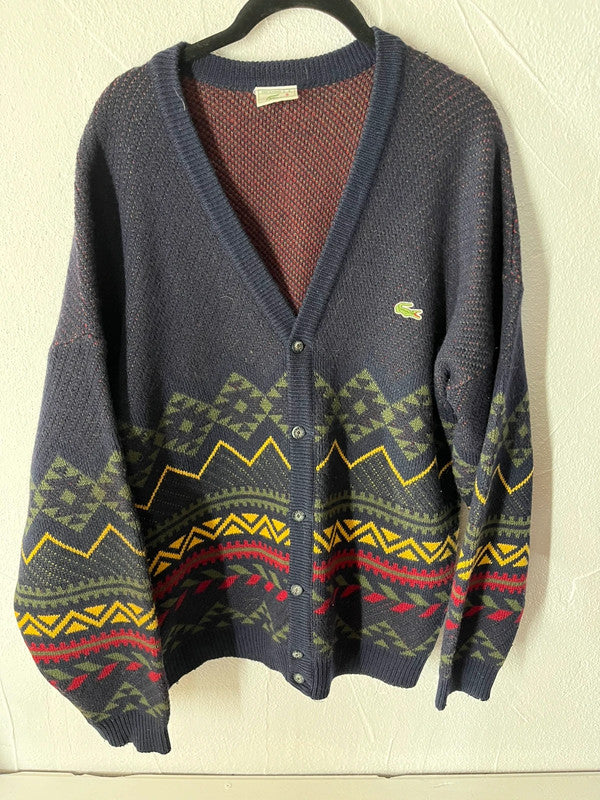 Cardigan vintage Lacoste en laine motifs jacquard