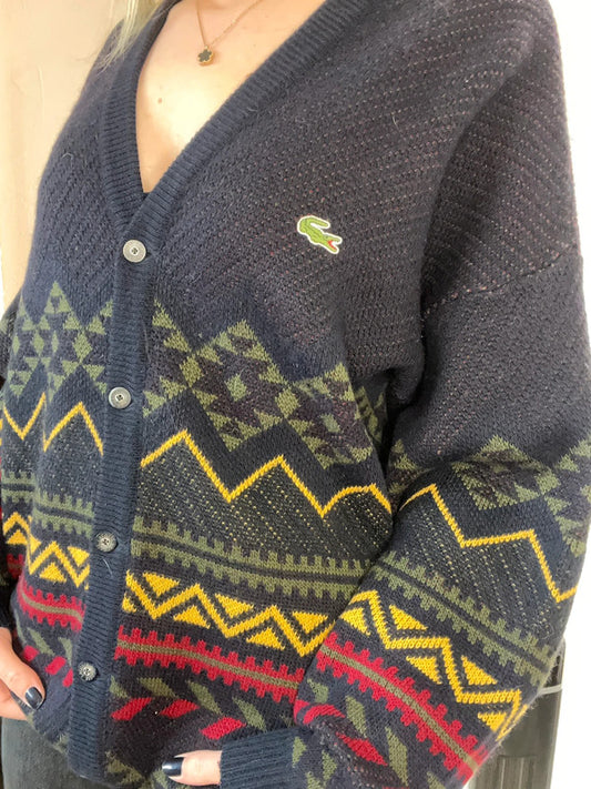 Cardigan vintage Lacoste en laine motifs jacquard